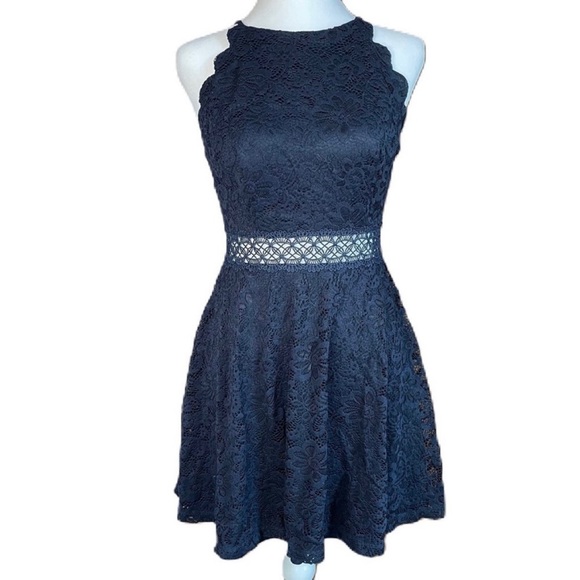 A. Byer Women’s Navy Blue Lace Halter Fit And Flare Mini Dress, Size 9 Juniors - Picture 1 of 12